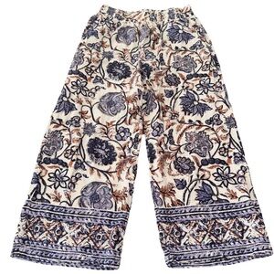 Nicole Miller Blue Brown L Floral Print Wide Leg Pants Linen Boho Retro Casual